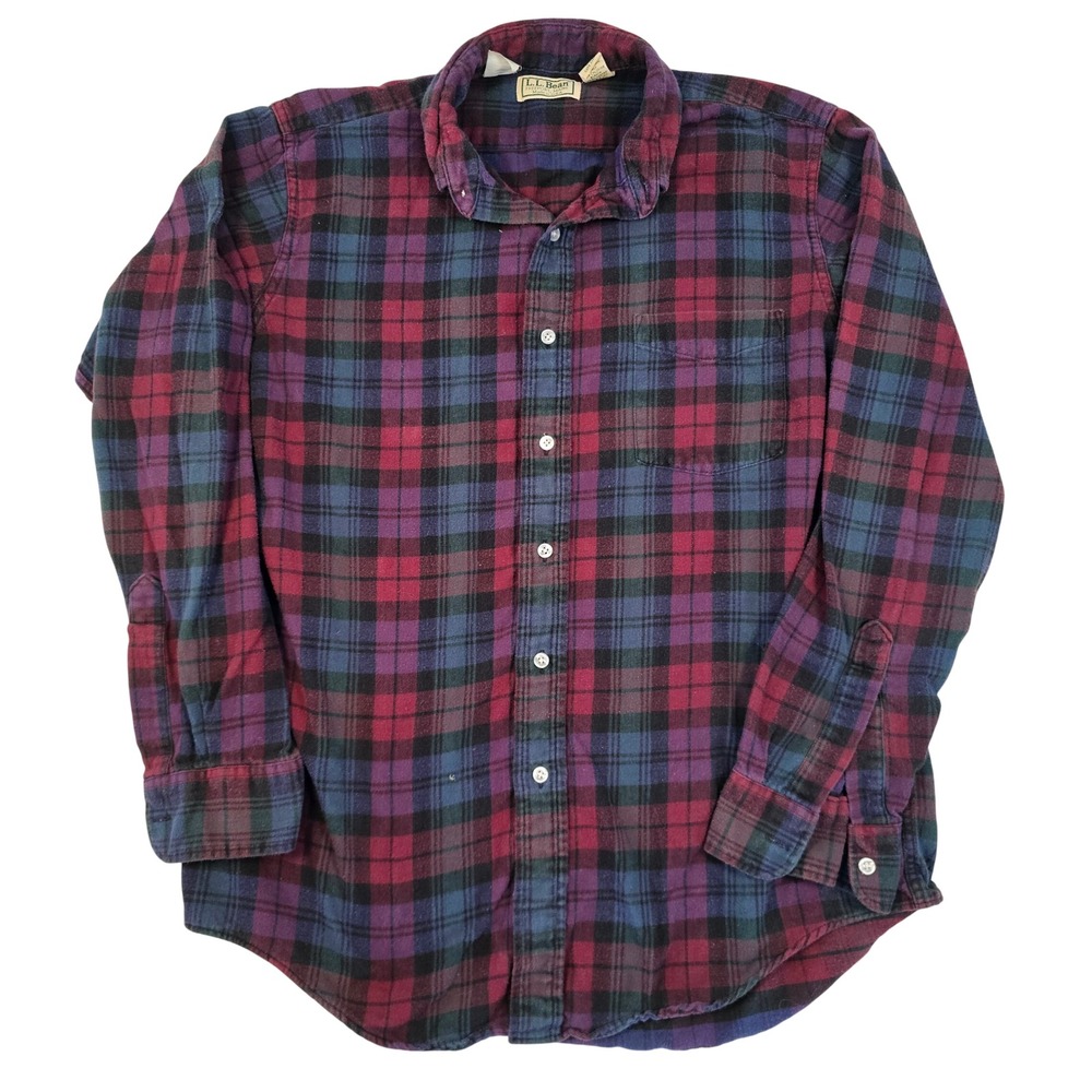 LL Bean Flannel Shirt Mens Medium Plaid Burgundy Blue Green Made in USA Cotton